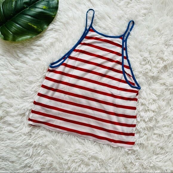GARAGE | Red & White Striped Halter Tank Top With Blue Trim Size XS - Picture 2 of 3
